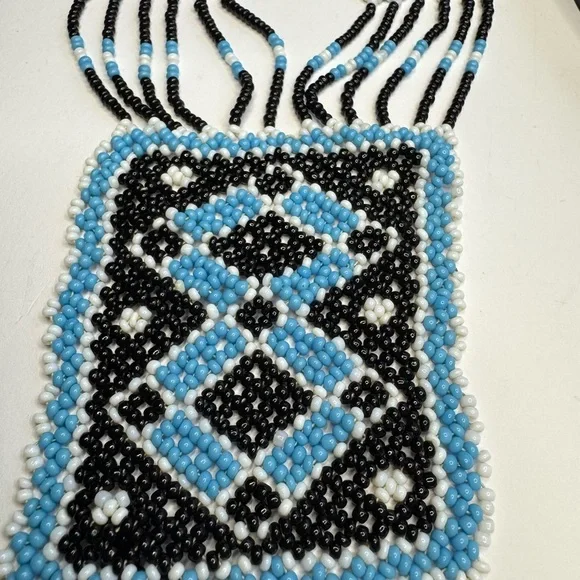 Gorgeous beaded necklace in blue, black, and white - Picture 2 of 4